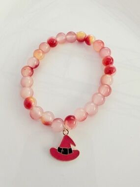 Halloween Pink Beaded Bracelet with Witch Hat Charm